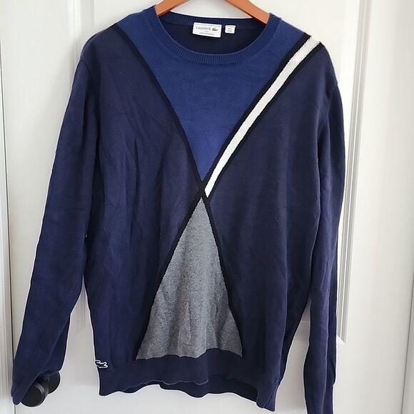 Lacoste CrewNeck Pullover Knit Sweater Mens XL 6 Cotton Blue Argyle Logo France - Picture 1 of 7